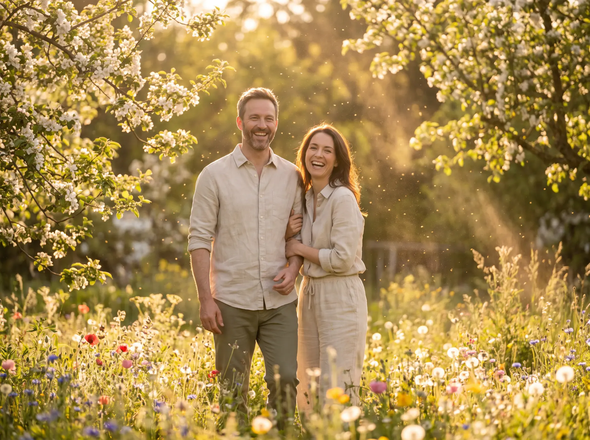 Couple souriant dans un jardin fleuri au coucher du soleil